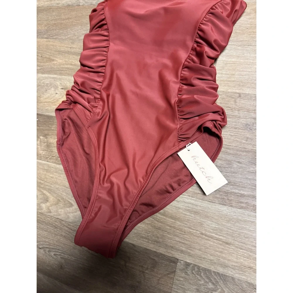Hutch Womens Ruched One Piece Swimsuit Rust Burgundy Square Neck Large NWT - Picture 3 of 7